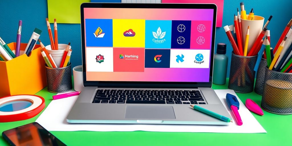 A colorful workspace with design tools and a laptop.