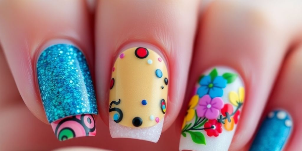 Colorful nail designs with trendy patterns and textures.