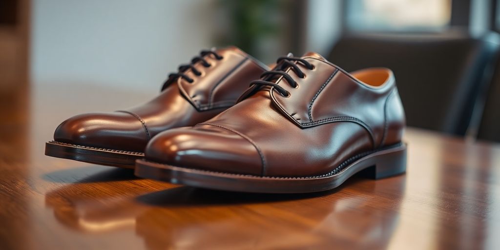 Elegant leather office shoes on a polished wooden surface.