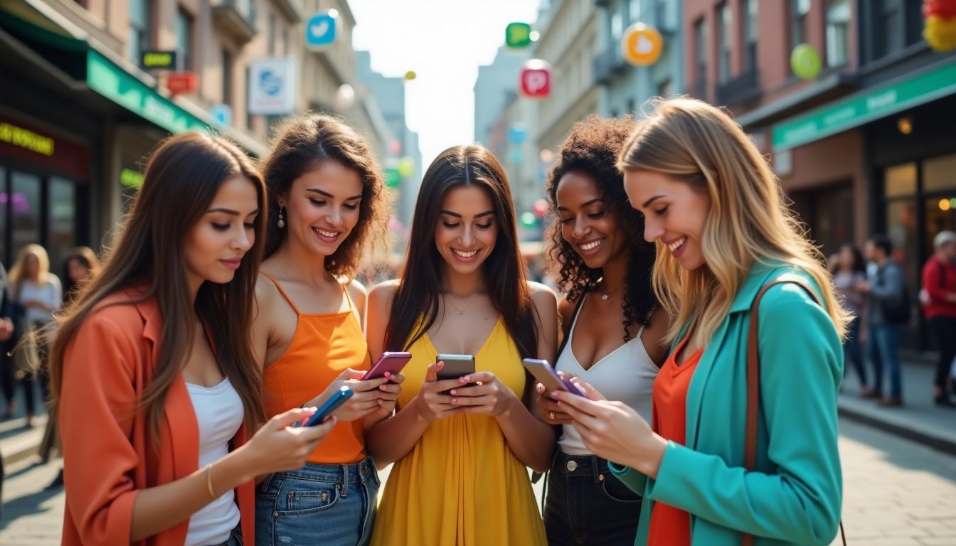 Diverse young women engaging with smartphones in a lively setting.