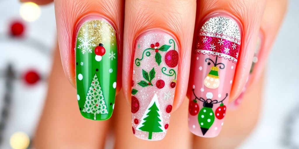 Colorful Christmas nail art with festive designs and patterns.