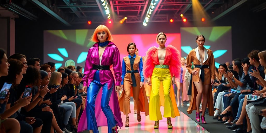 Futuristic runway with models in bold, colorful fashion.