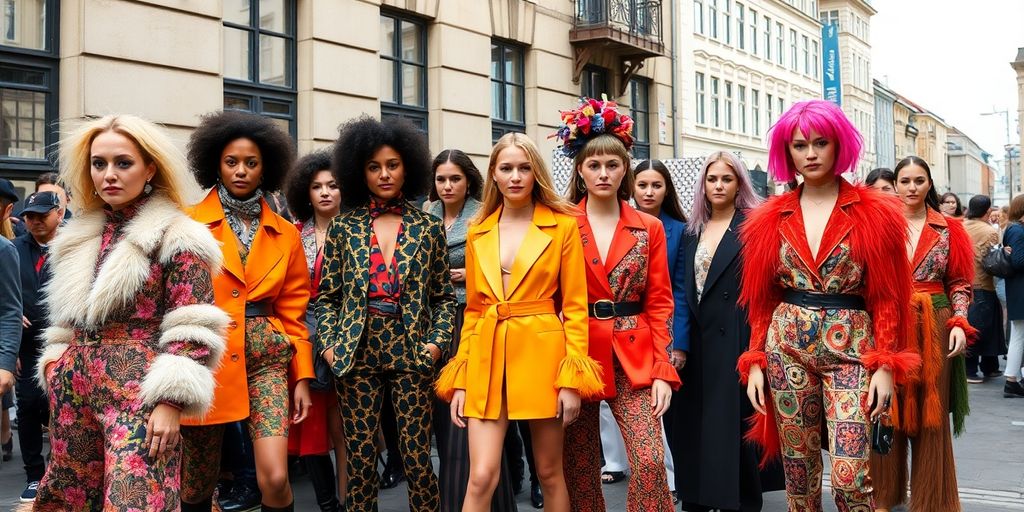 Diverse models in stylish outfits at Copenhagen Fashion Week.