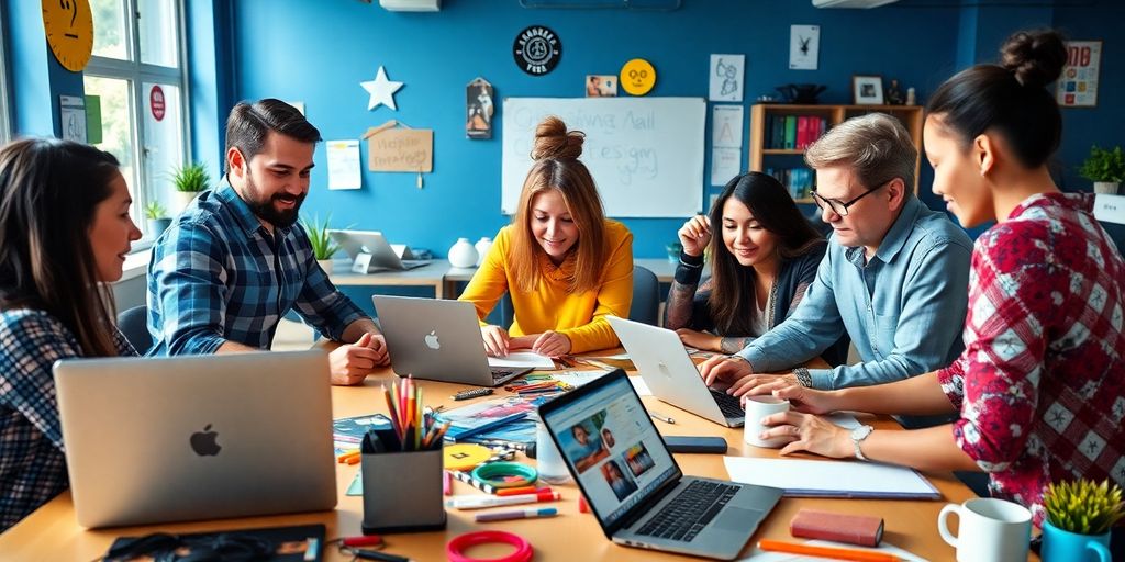 Diverse team collaborating on design in a bright workspace.