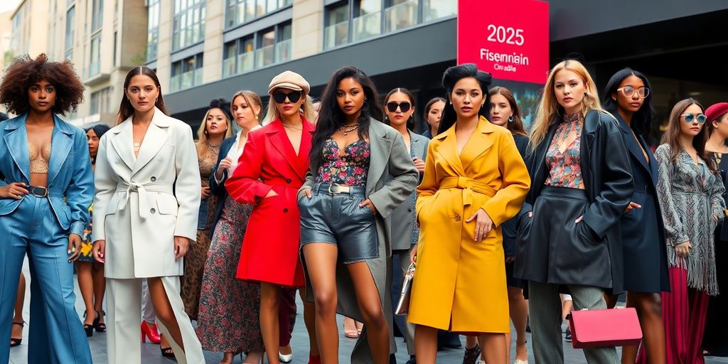 Diverse models in stylish outfits on an urban street.