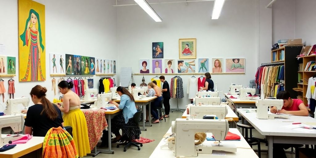 Students engaged in fashion design in a bright studio.