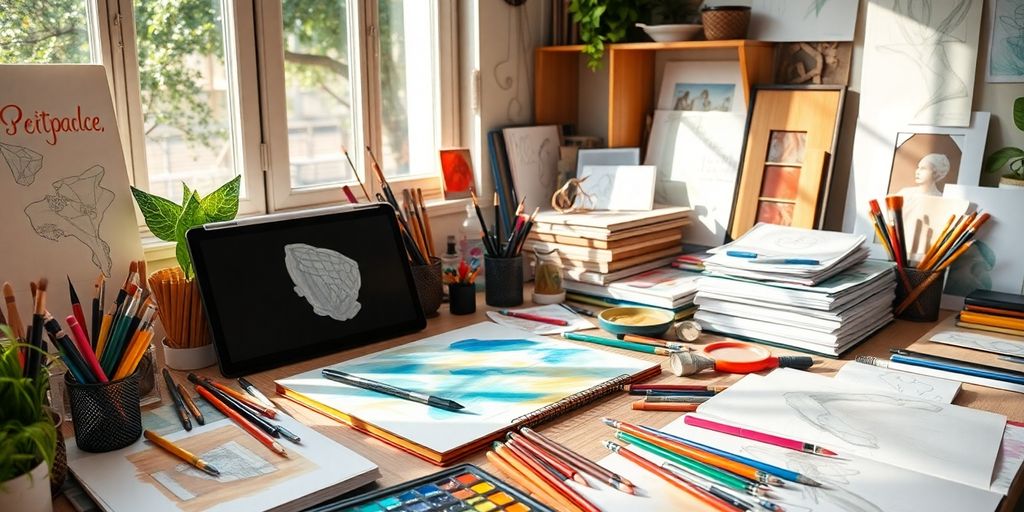 Art supplies and tools arranged in an inspiring workspace.