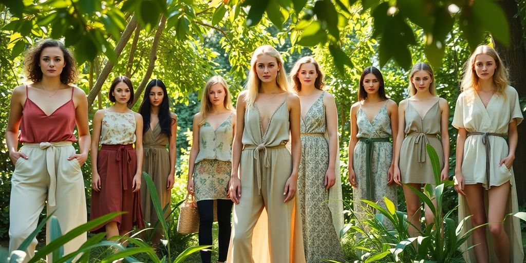 Models in sustainable fashion amidst lush greenery.