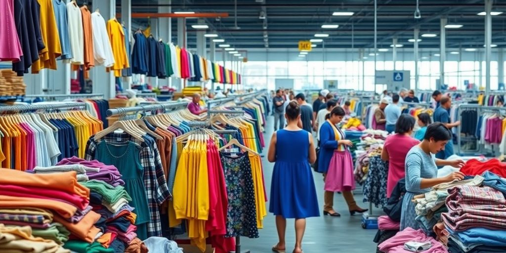 Fashion supply chain scene with textiles and busy workers.