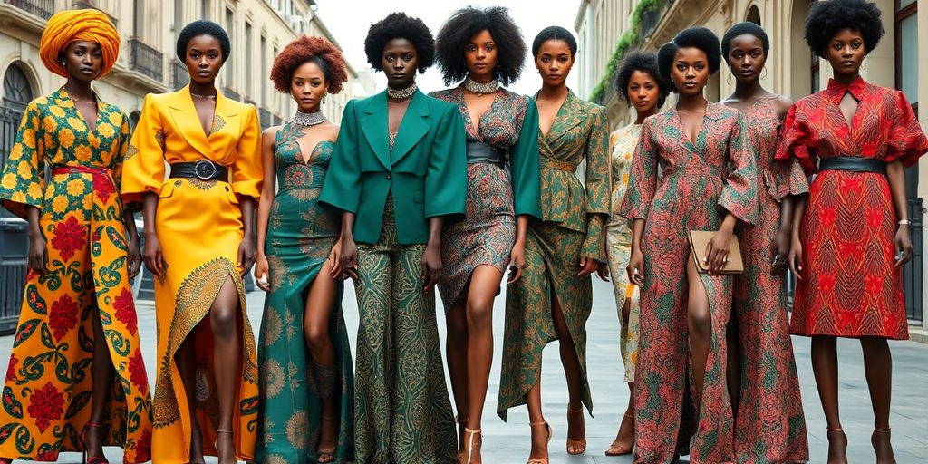 Models in African and French haute couture fashion styles.