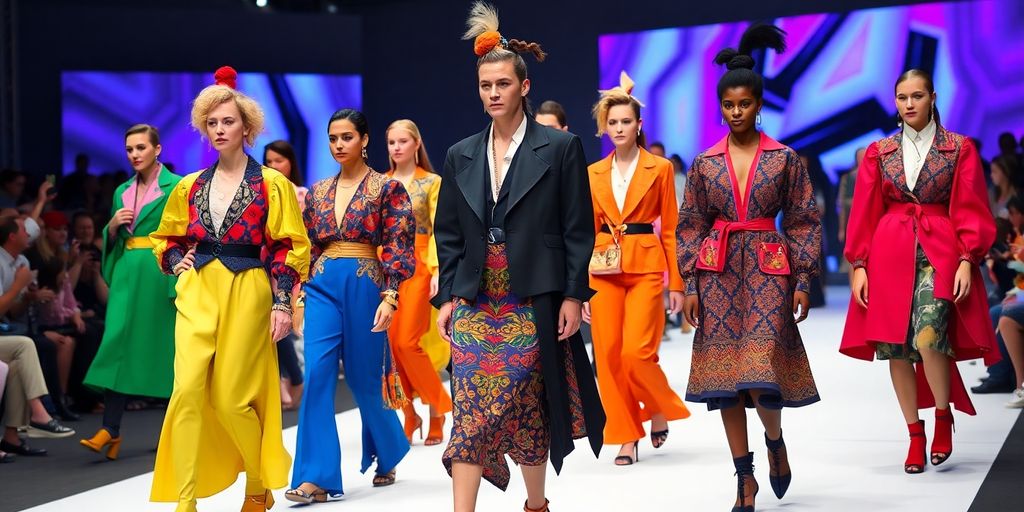 Diverse models in bold outfits on a colorful runway.