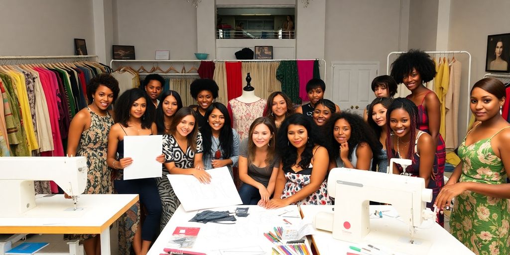 Diverse fashion designers in a creative studio setting.