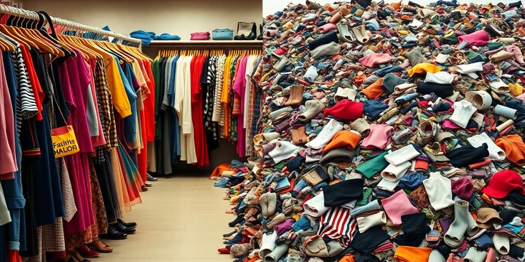 Crowded store with new clothes versus landfill of waste.