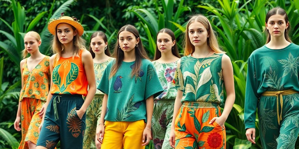 Models wearing sustainable fashion in a lush green setting.