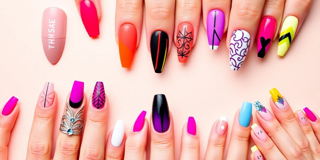 Colorful nail designs with patterns and shapes for 2025.