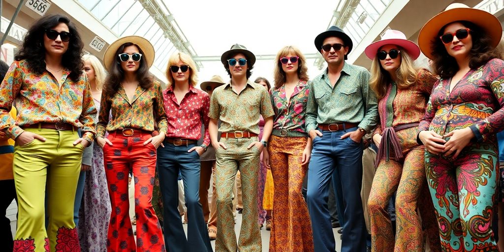 Colorful 70s fashion with bold patterns and styles.