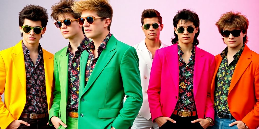 Men in 80s fashion with bold colors and hairstyles.